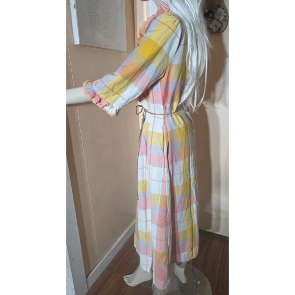 April Cornell Print Dress Small Cottagecore Beautiful Plaid Wrap Dress Lace Trim - Picture 3 of 10